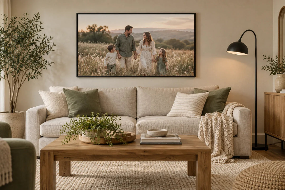 Family photo canvas in a black floating frame above a cream sofa with sage cushions