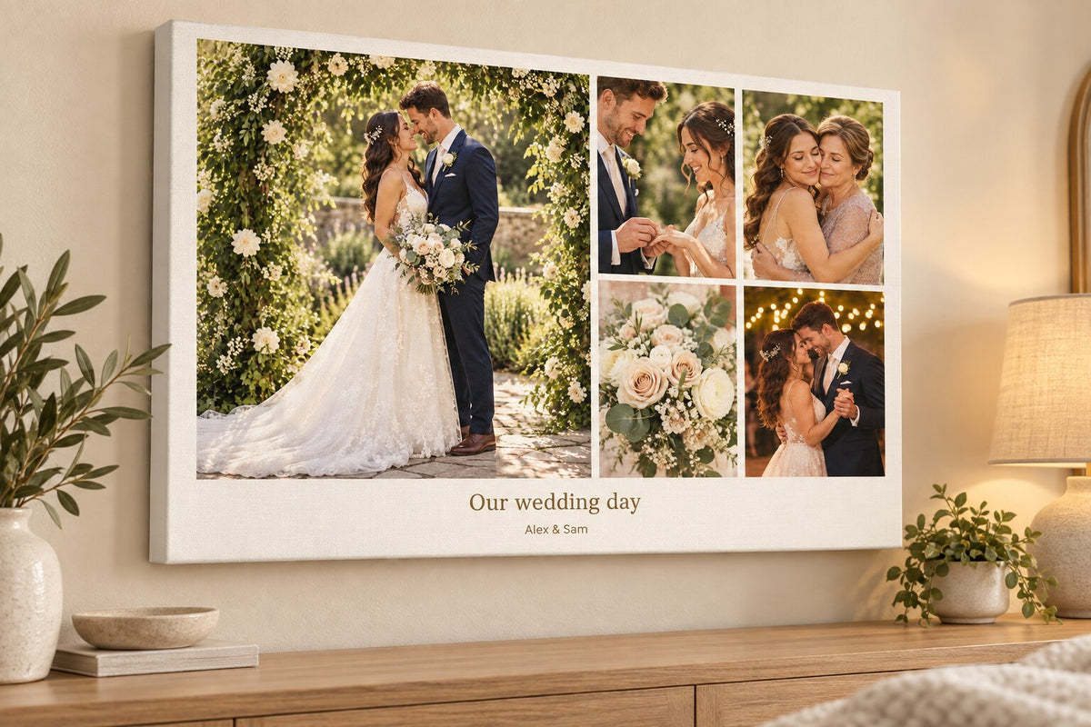 Wedding photo collage displayed on a wall as a gallery-wrapped canvas with visible white sides.