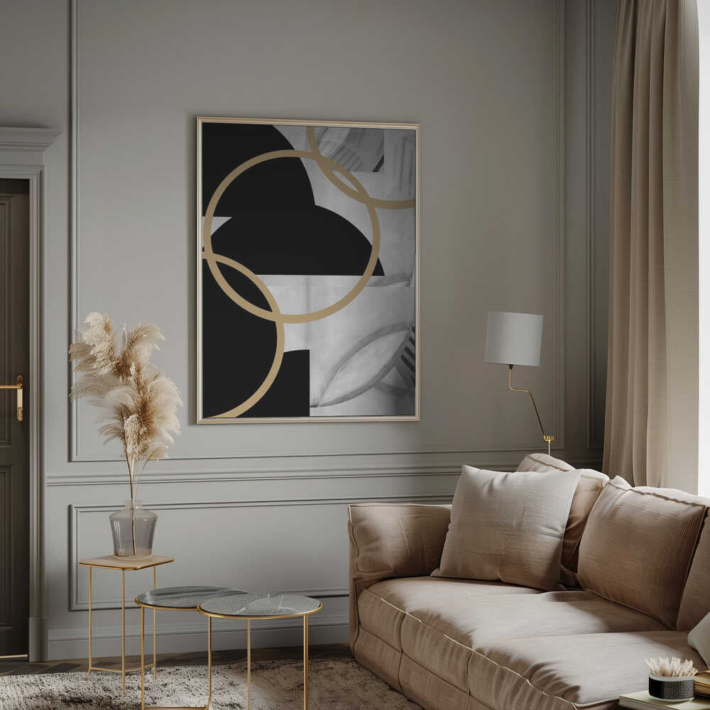Wall art Black and White Stripes Gold Spheres No3