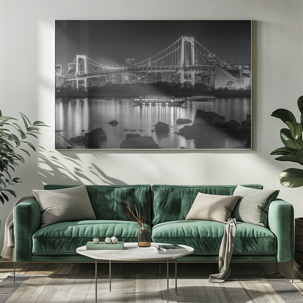 Wall art Charming Rainbow Bridge with Tokyo Skyline in the evening - monochrome panorama
