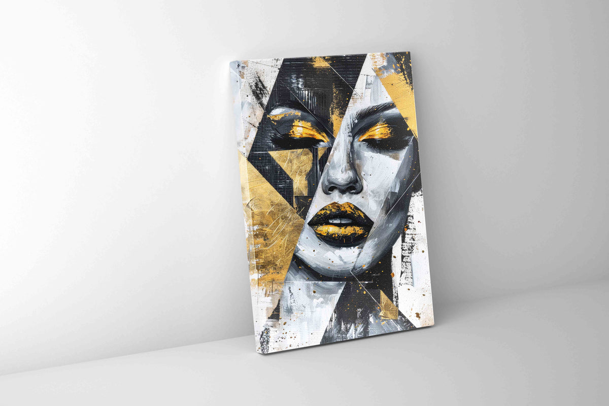 Abstract female face with gold lips and eye accents among angular black, white and gold shapes and brush marks — additional product view 3
