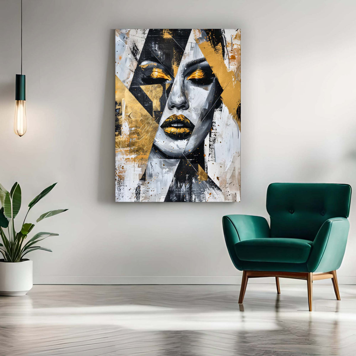 Abstract female face with gold lips and eye accents among angular black, white and gold shapes and brush marks — additional product view 4