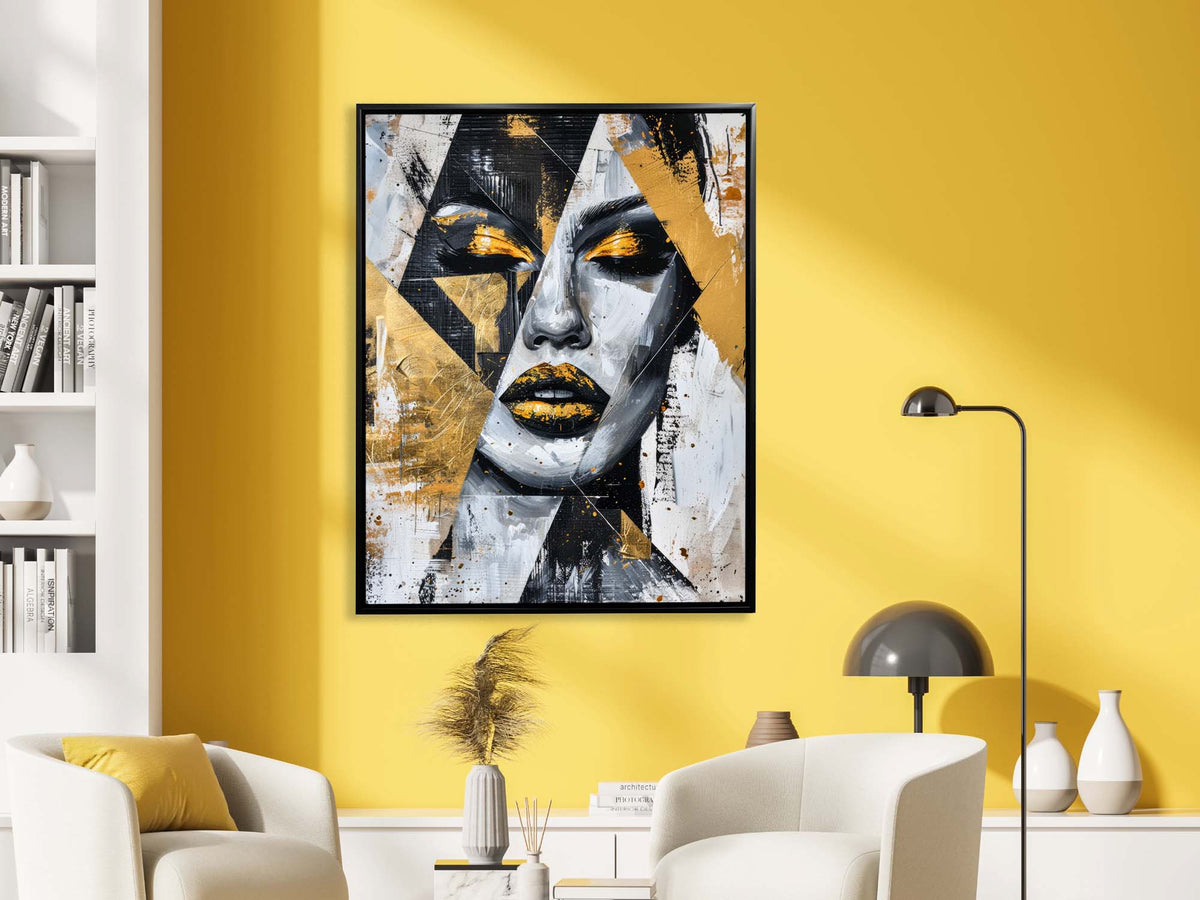 Abstract female face with gold lips and eye accents among angular black, white and gold shapes and brush marks — additional product view 5