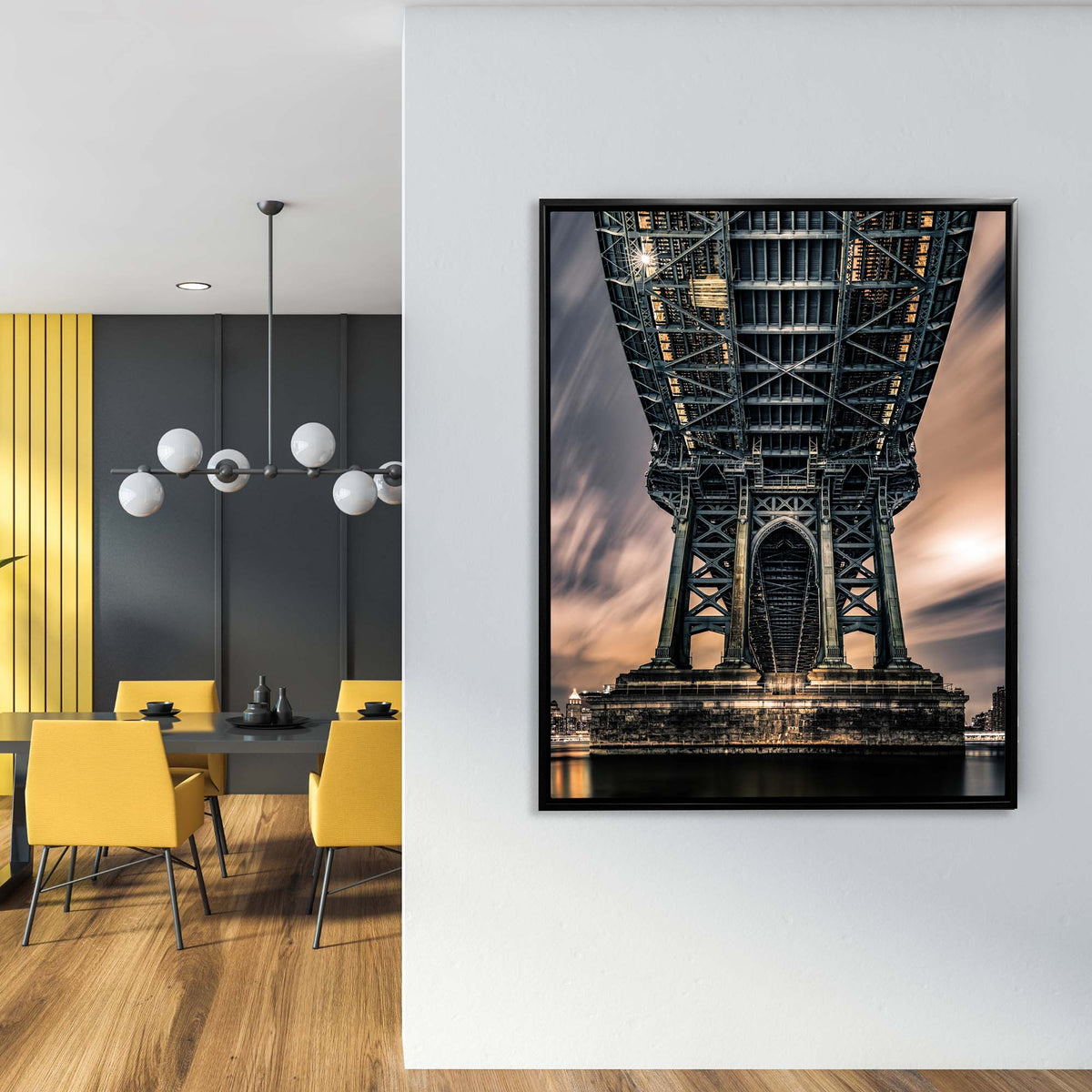 Symmetrical view beneath a steel bridge, with repeating crossbeams and a central arch against warm evening light — additional product view 3