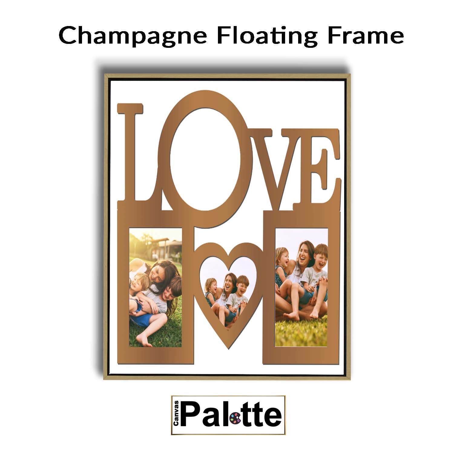 Personalized "Collage Love" sample on canvas in Toronto Canada at CanvasPalette.com. This photo is a collage of mother with her sons in a custom canvas with the word love also has the Champagne Floating Frame. mother's day gifts