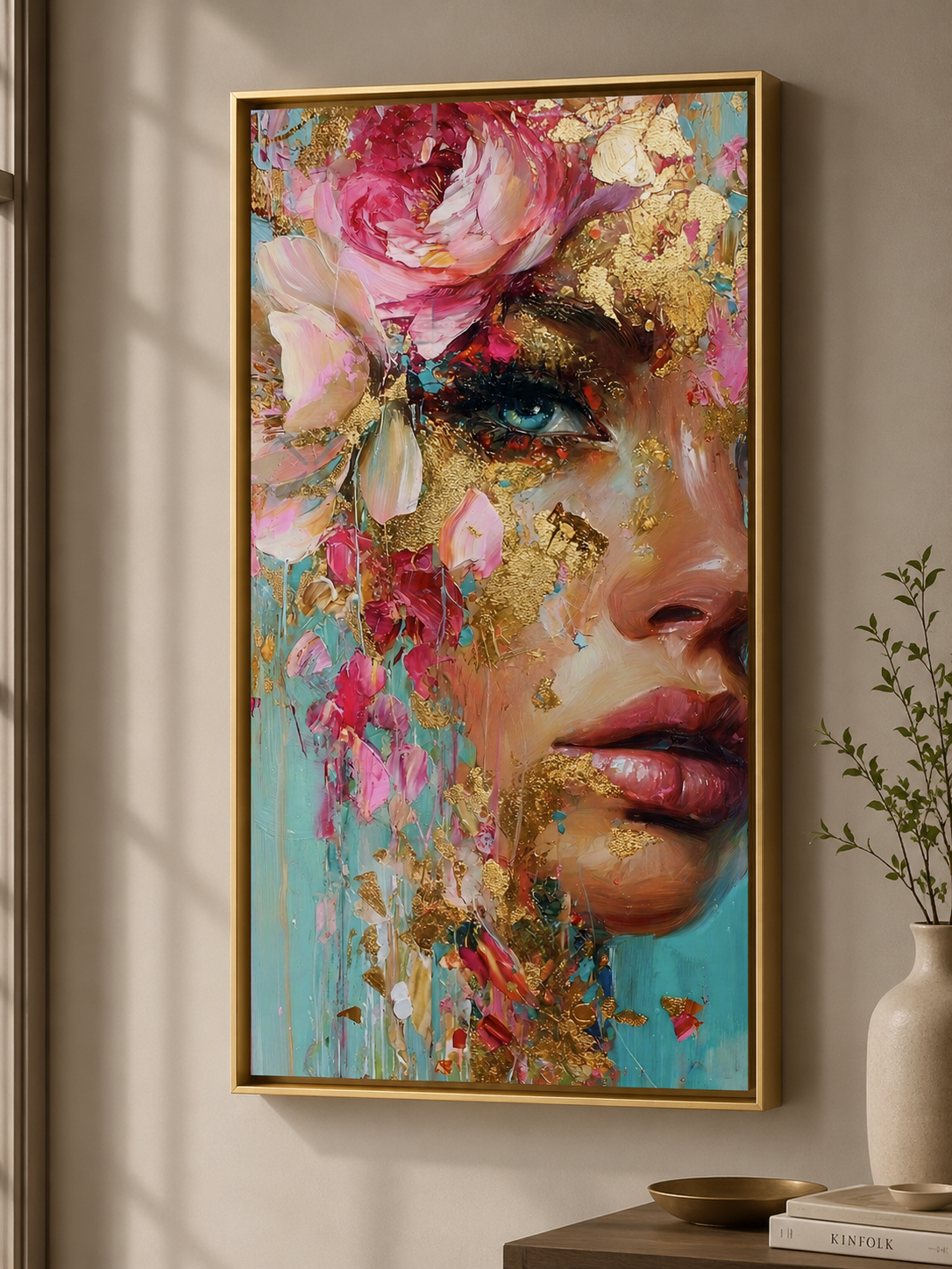 Gilded Bloom – Contemporary Floral Portrait Canvas Wall Art