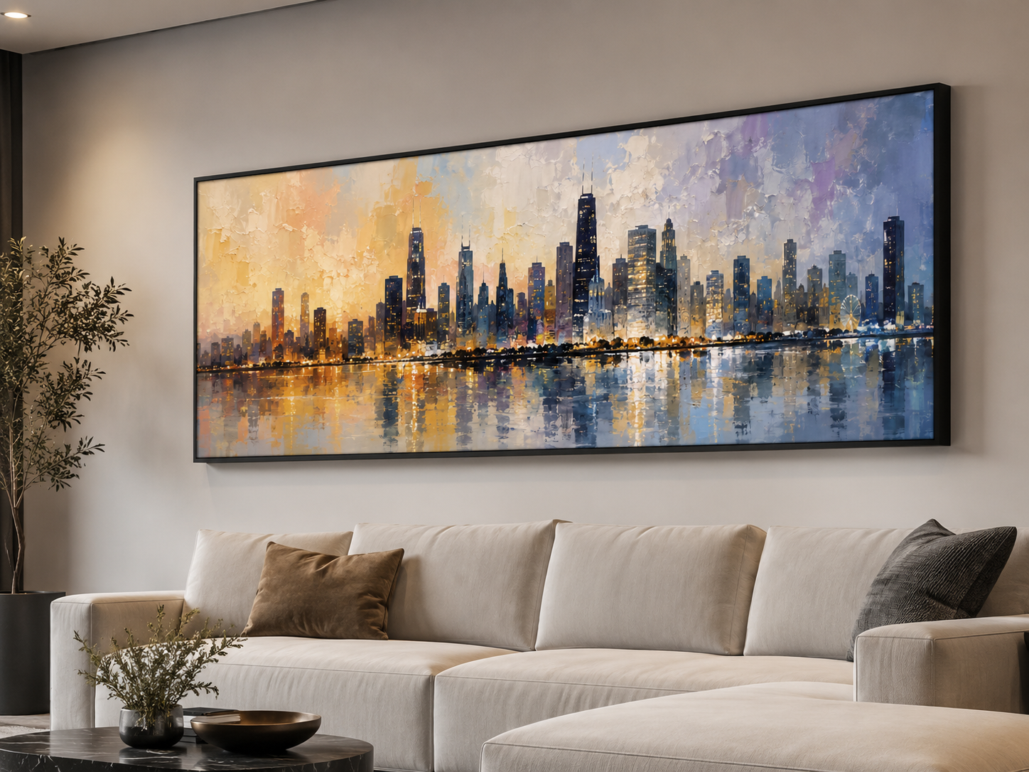 Golden Harbor – Blue & Gold Abstract City Skyline Panoramic Canvas Wall Art