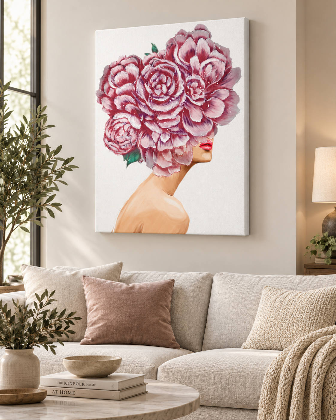 Bouquet Head — Floral Woman Portrait Canvas Wall Art | Peony Surrealist Fashion Print