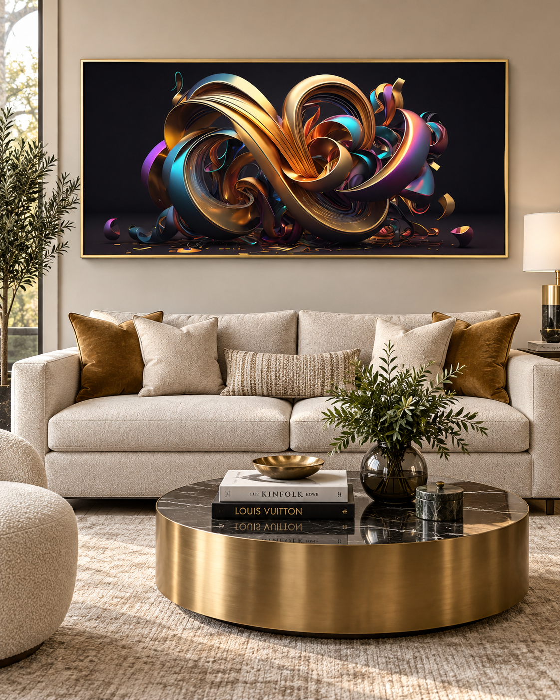 Golden Swirl Abstract Canvas Wall Art | Luxury 3D Art Print | Gallery Wrap & Gold Floating Frame | 2 Sizes