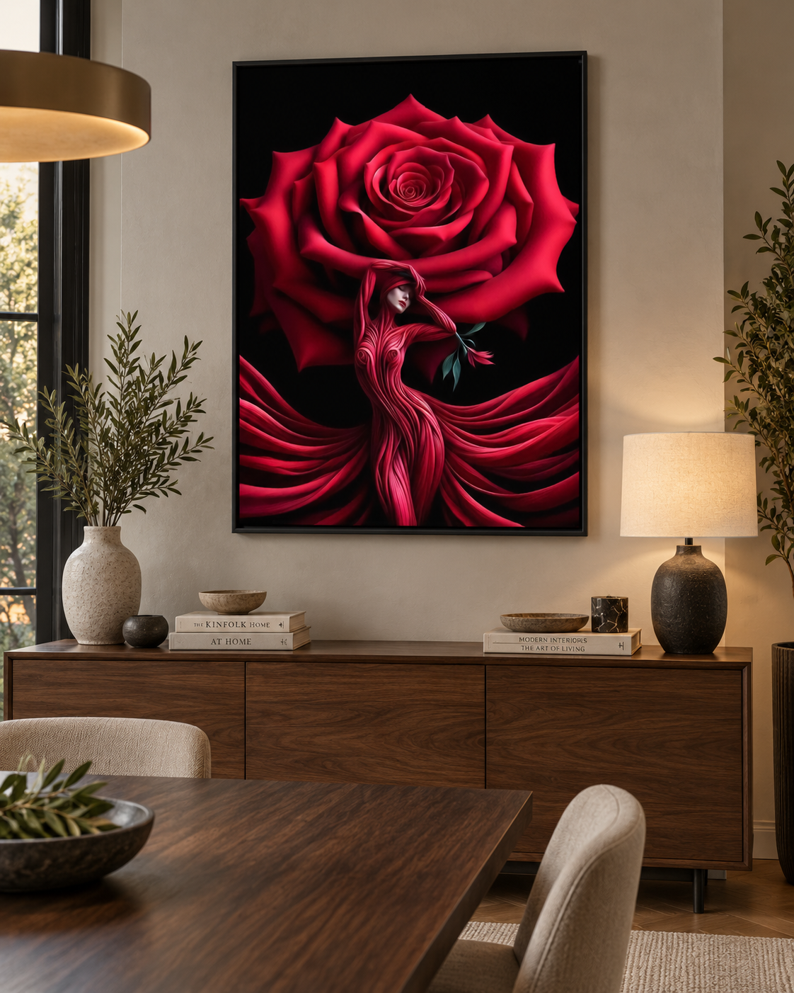 Rose Canvas Wall Art | Surrealist Woman & Rose Fine Art Print | Gallery Wrap & Black Frame | 35x47"