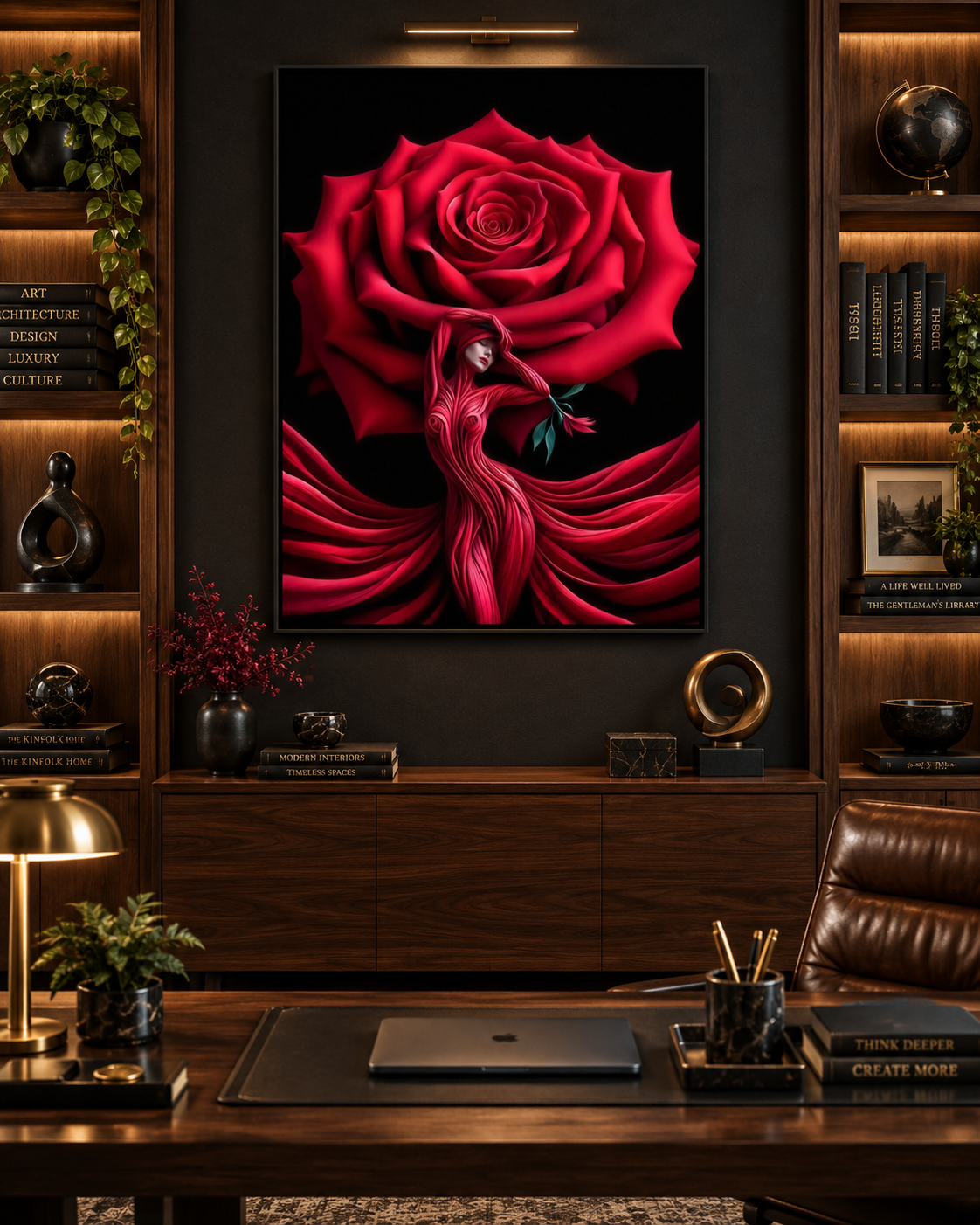 Rose Canvas Wall Art | Surrealist Woman & Rose Fine Art Print | Gallery Wrap & Black Frame | 35x47"