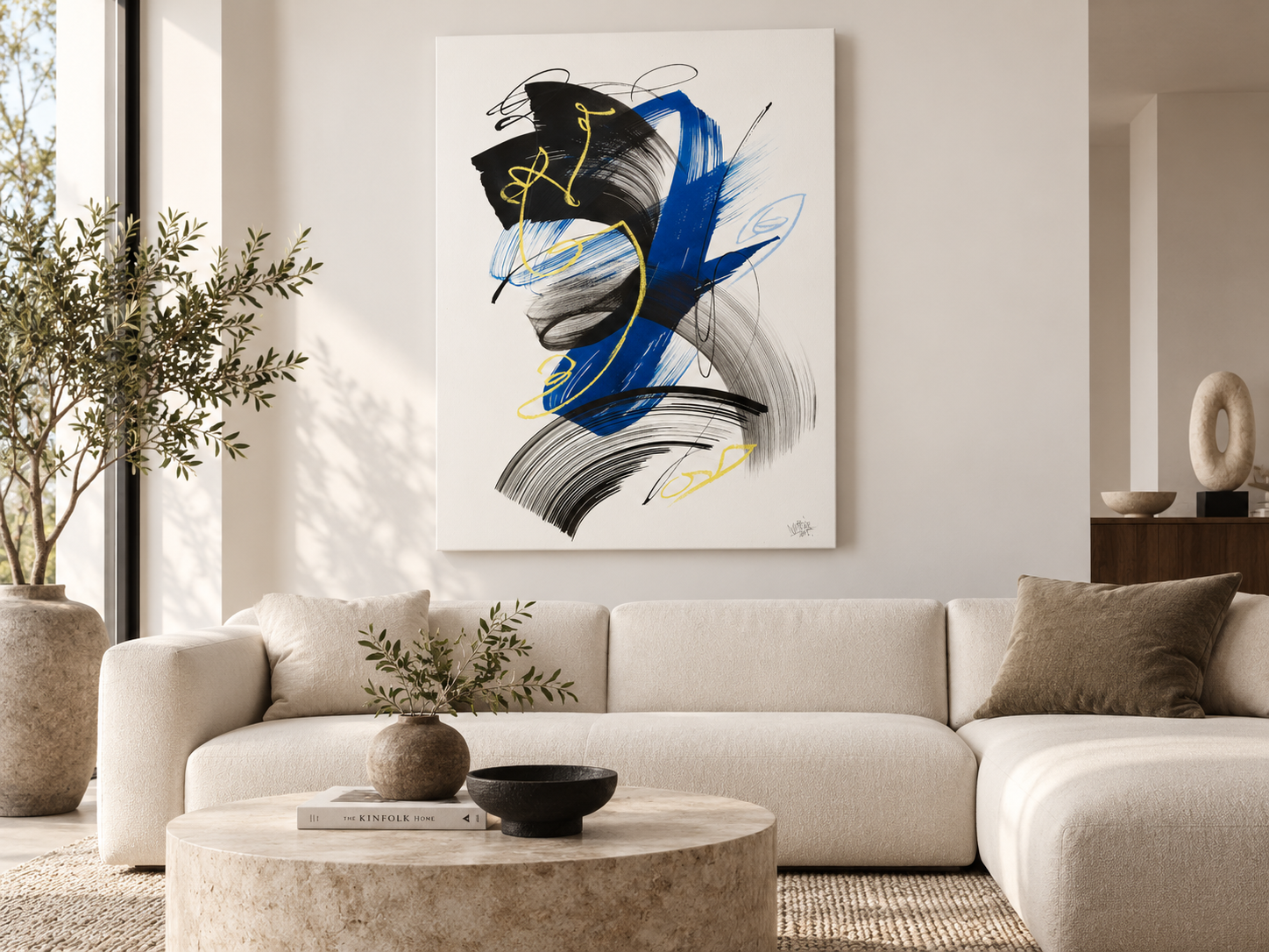 Abstract Expressionist Canvas Print | Bold Blue Black & Yellow Gestural Wall Art