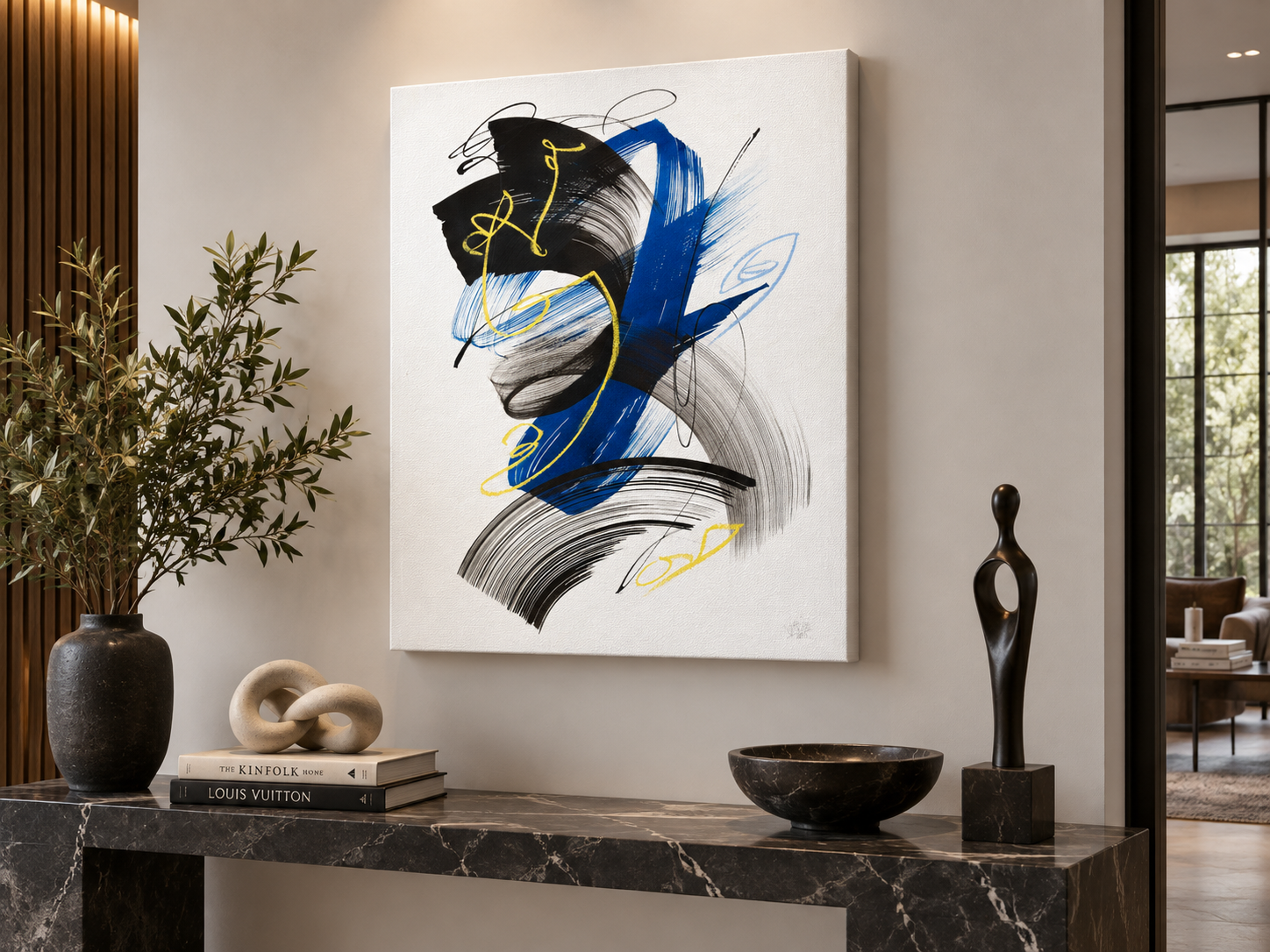 Abstract Expressionist Canvas Print | Bold Blue Black & Yellow Gestural Wall Art
