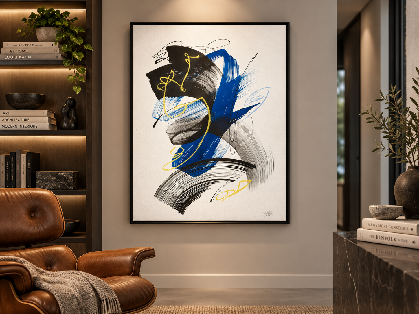 Abstract Expressionist Canvas Print | Bold Blue Black & Yellow Gestural Wall Art