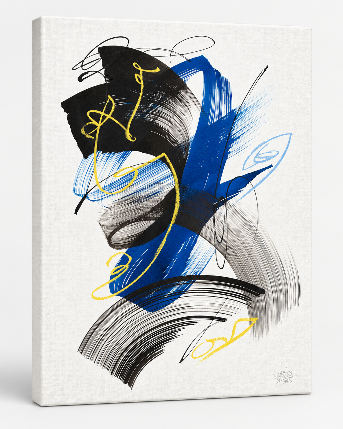 Abstract Expressionist Canvas Print | Bold Blue Black & Yellow Gestural Wall Art