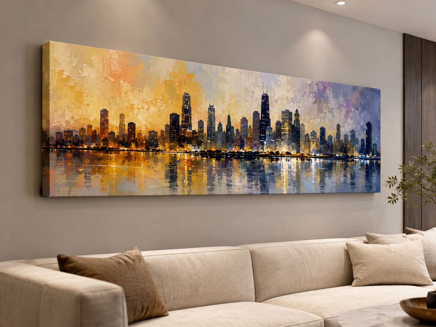 Golden Harbor – Blue & Gold Abstract City Skyline Panoramic Canvas Wall Art