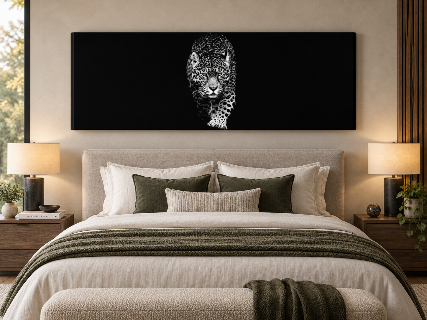 Black and White Leopard Canvas Wall Art | Panoramic Wildlife Fine Art Print | Diamond Finish | 72x24"