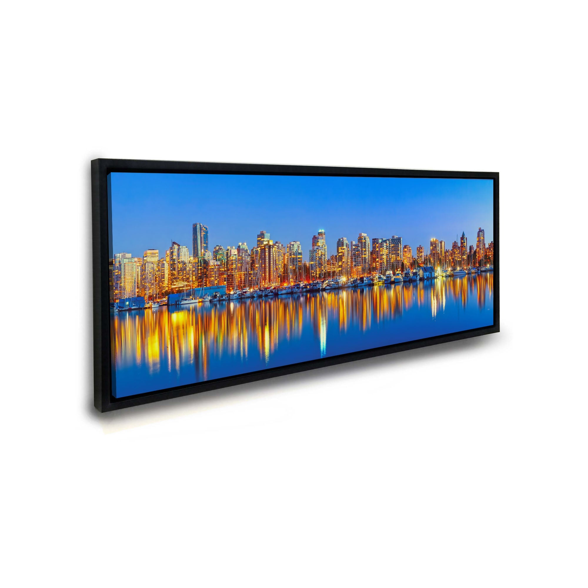 Downtown Vancouver at sunset with black floating Frame