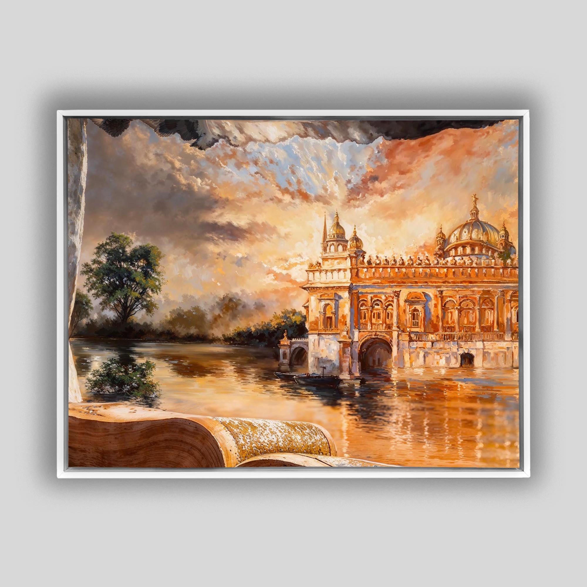 Ancient Golden temple in White Floating Frame