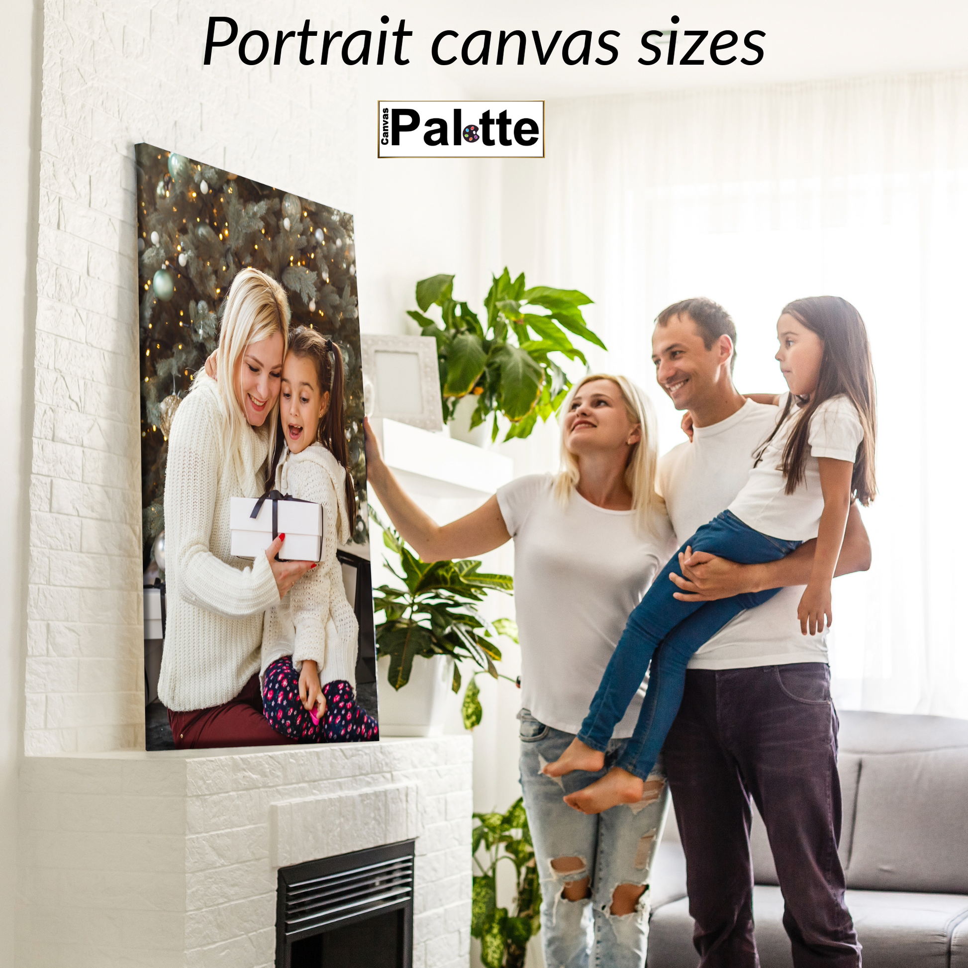 Sample of custom portrait prints on canvas Canada on CanvasPalette.com.  Photo shows a happy family in the living room, mum, dad and daughter admiring a large portrait of mum and daughter exchanging gifts canvas prints at Canvas.com 