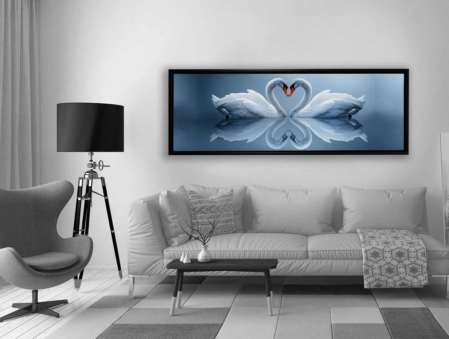 Wall Art-Kissing Swans in black floating frame