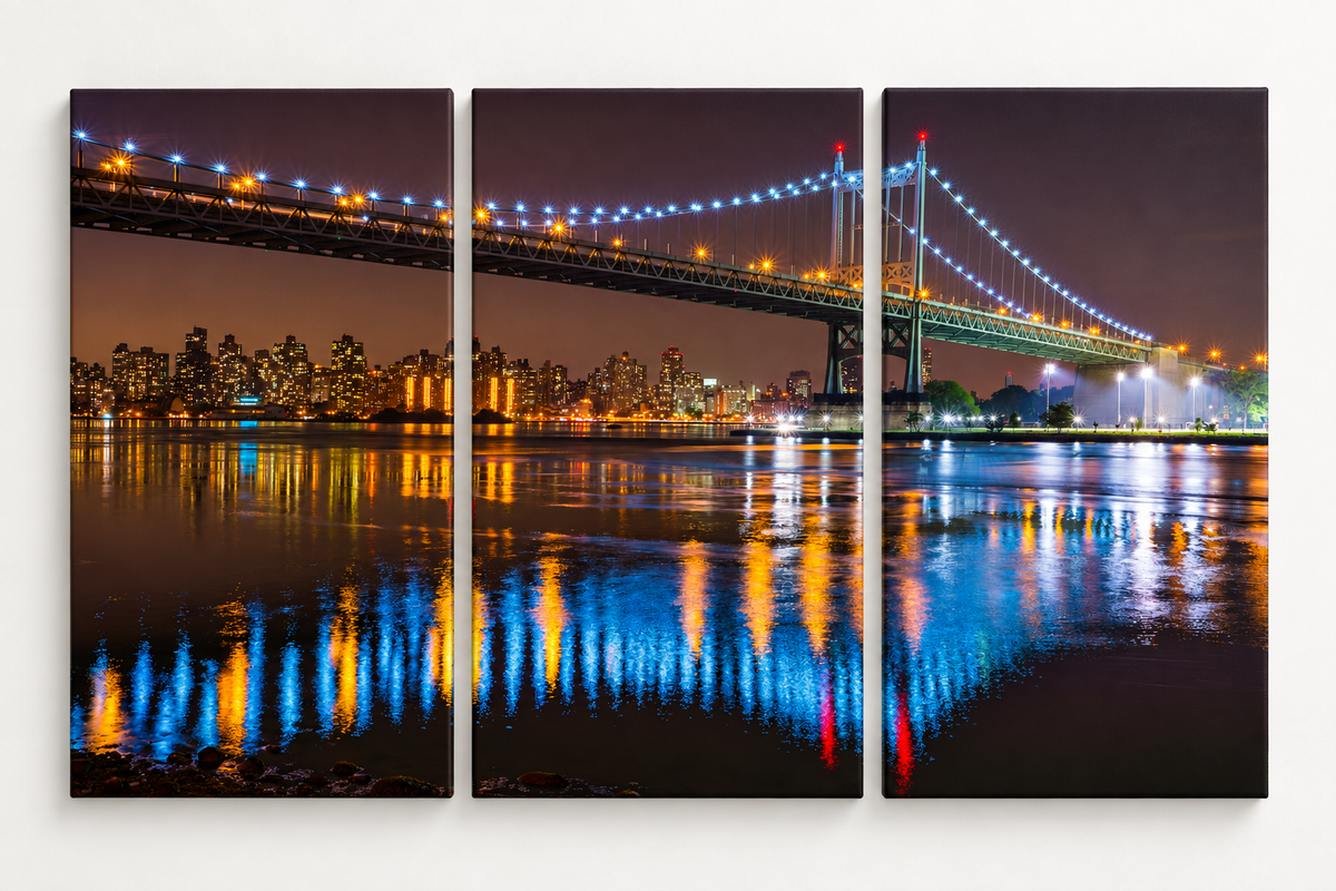 Blue and Gold Bridge at Night Large triptych gallery-wrapped canvas set; illustrative front view, see size guide for dimensions