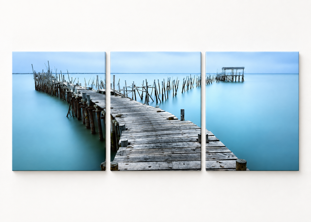 Blue Stillness Wooden Pier Classic triptych gallery-wrapped canvas set; illustrative front view, see size guide for dimensions