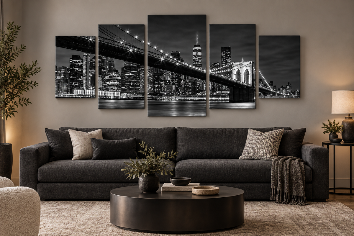 Brooklyn Bridge in Black and White in the Statement 5 layout shown in an illustrative room setting