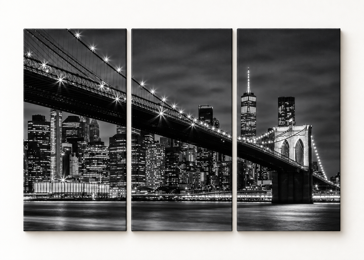 Brooklyn Bridge in Black and White Large triptych gallery-wrapped canvas set; illustrative front view, see size guide for dimensions