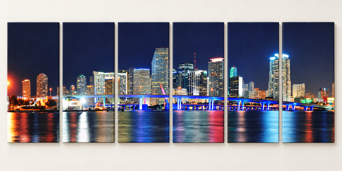 Miami Skyline After Dark shown across 6 gallery-wrapped canvas panels; illustrative front-view mockup