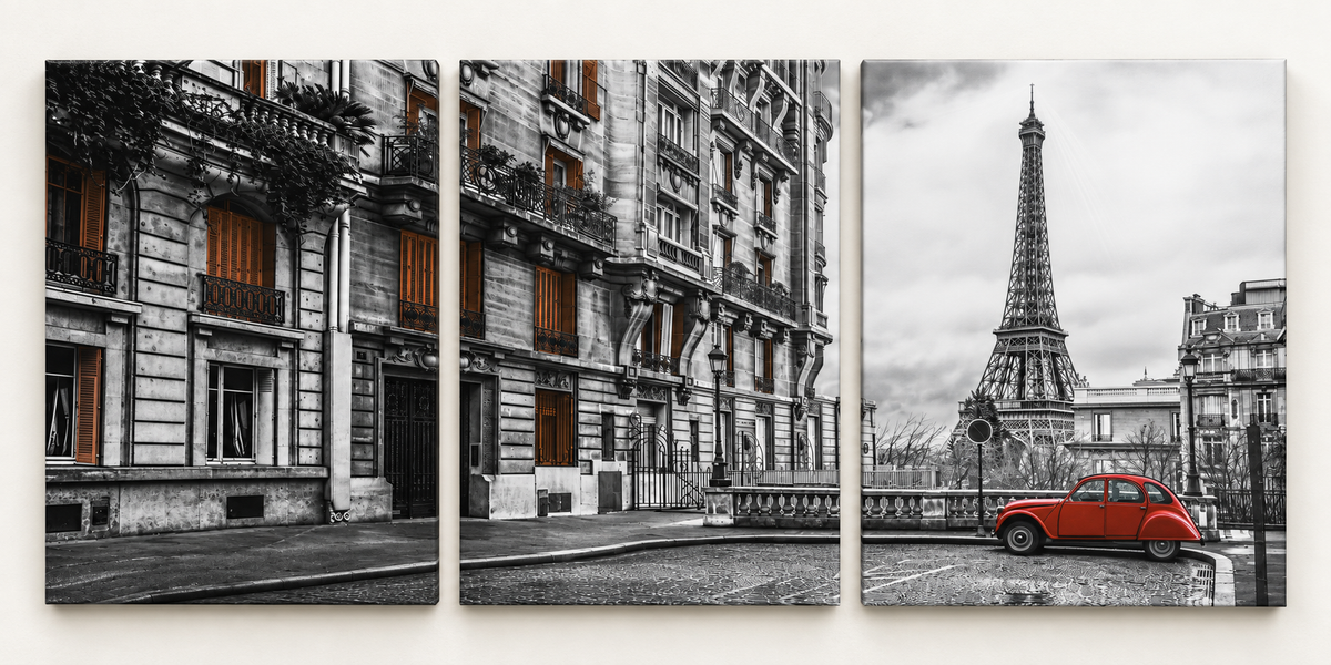 Paris Street with Red Citroën shown across 3 gallery-wrapped canvas panels; illustrative front-view mockup