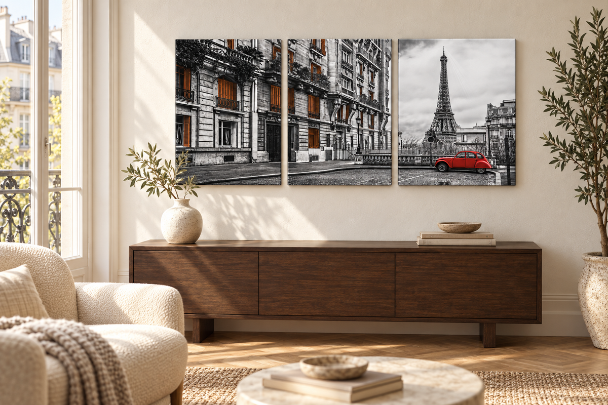 Paris Street with Red Citroën 3-panel canvas set in an illustrative furnished room; refer to the size guide for dimensions