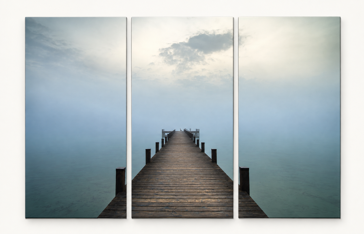Pier into the Mist shown across 3 gallery-wrapped canvas panels; illustrative front-view mockup