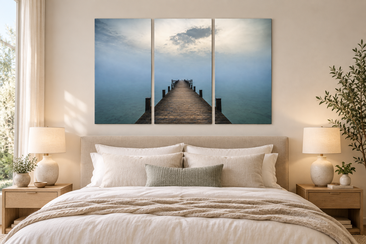 Pier into the Mist 3-panel canvas set in an illustrative furnished room; refer to the size guide for dimensions