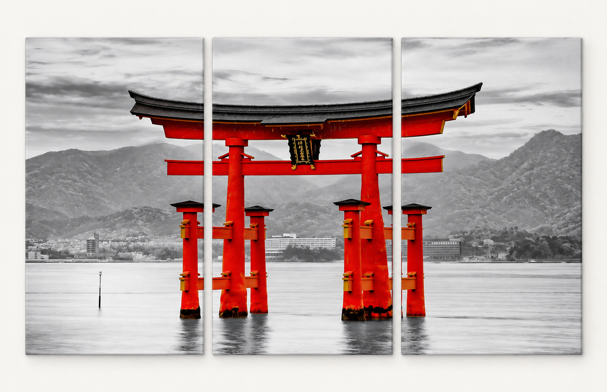 Red Torii Gate shown across 3 gallery-wrapped canvas panels; illustrative front-view mockup