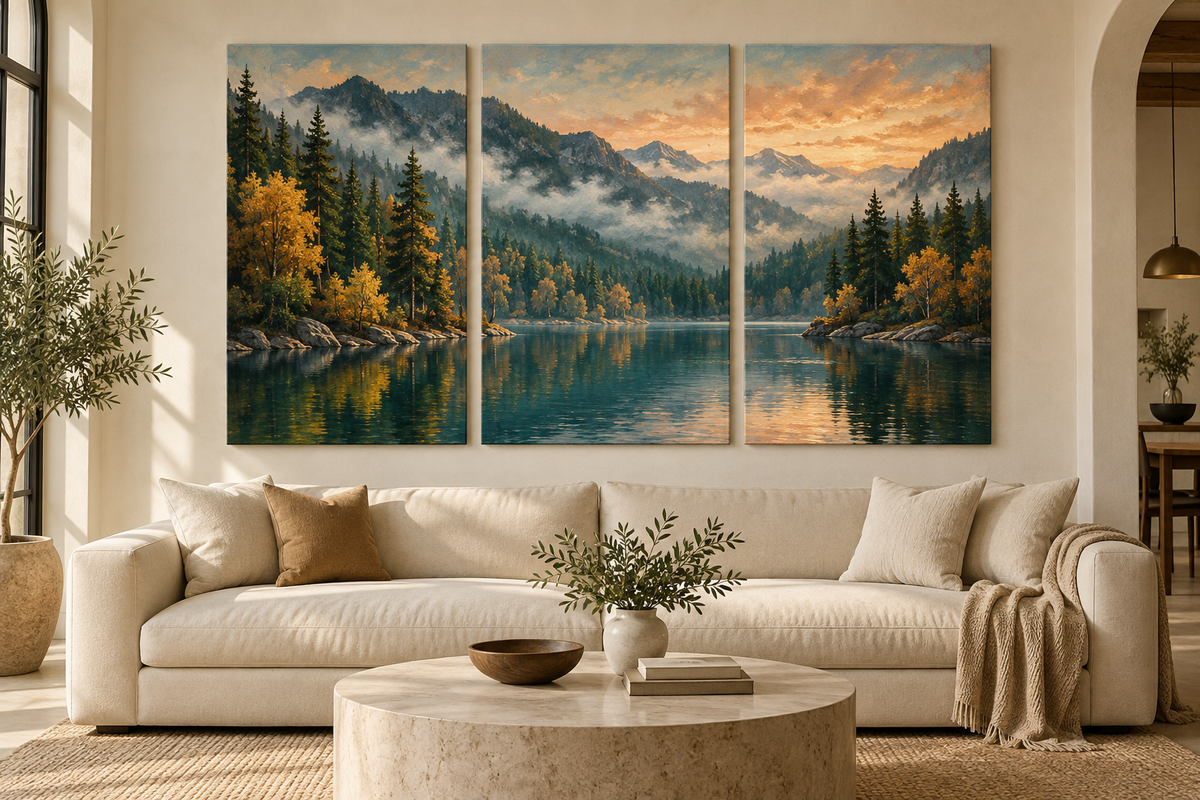 A continuous mountain lake landscape across three canvas panels above a cream sofa
