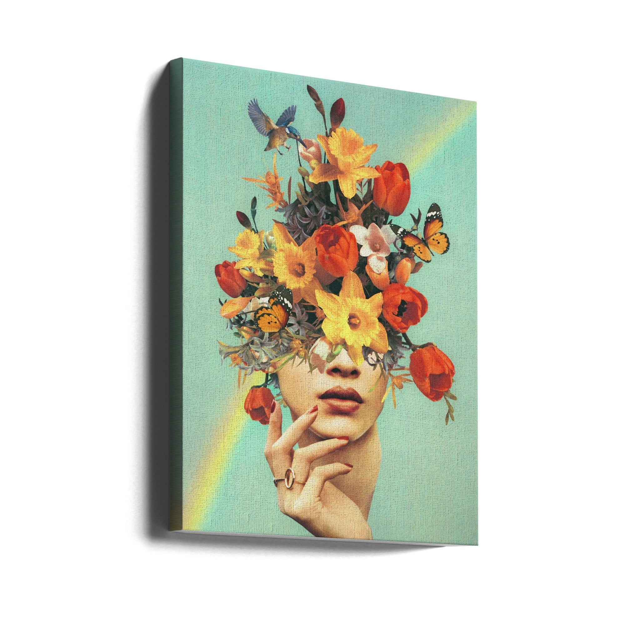 Wall art Baby's in bloom - Rainbow, flowers, birds & butterflies 24X36inch In Black Floating Frame