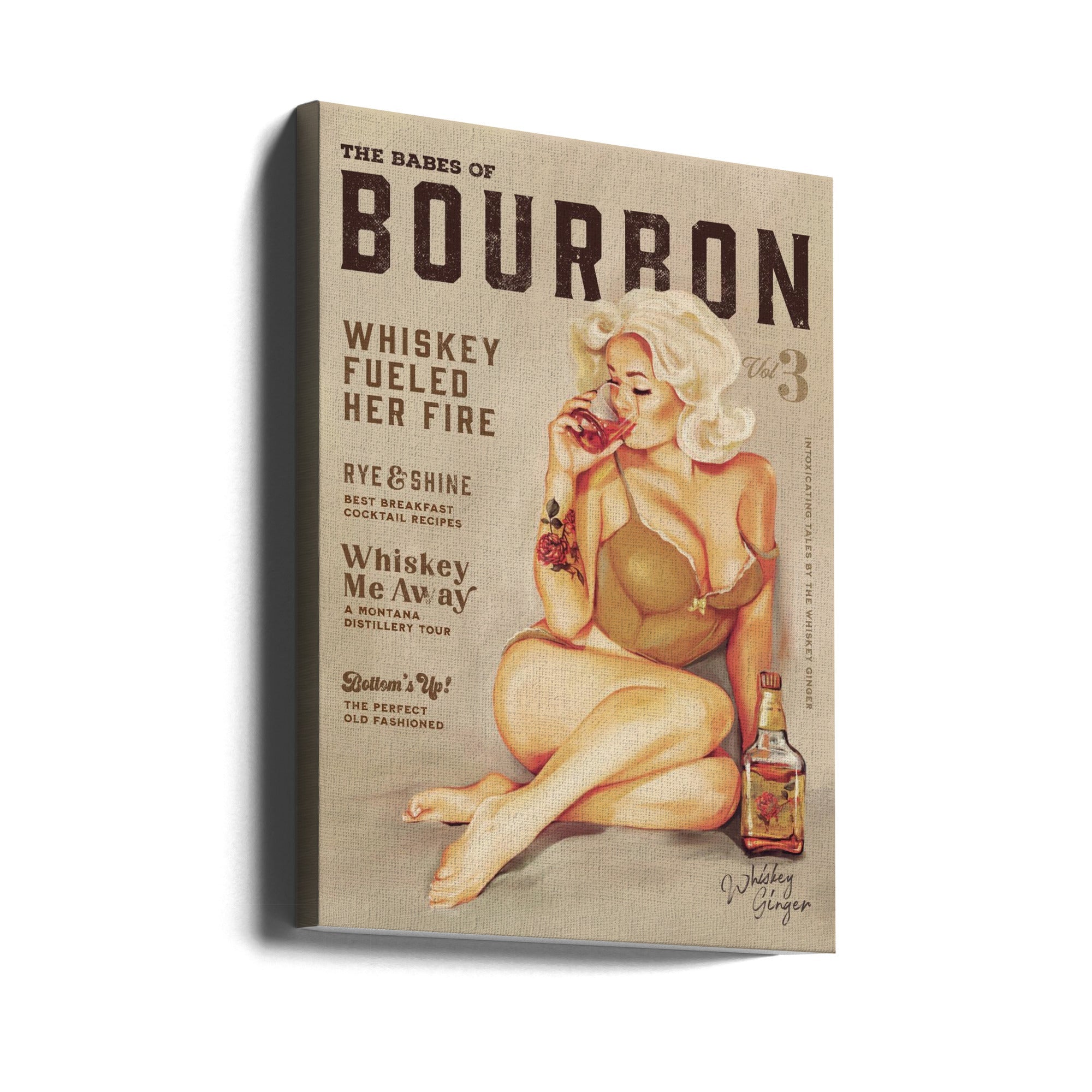 Wall art Babes of Bourbon Vol 3 Sexy Vintage Pin Up Girl Drinking Whiskey 24X36inch In Black Floating Frame