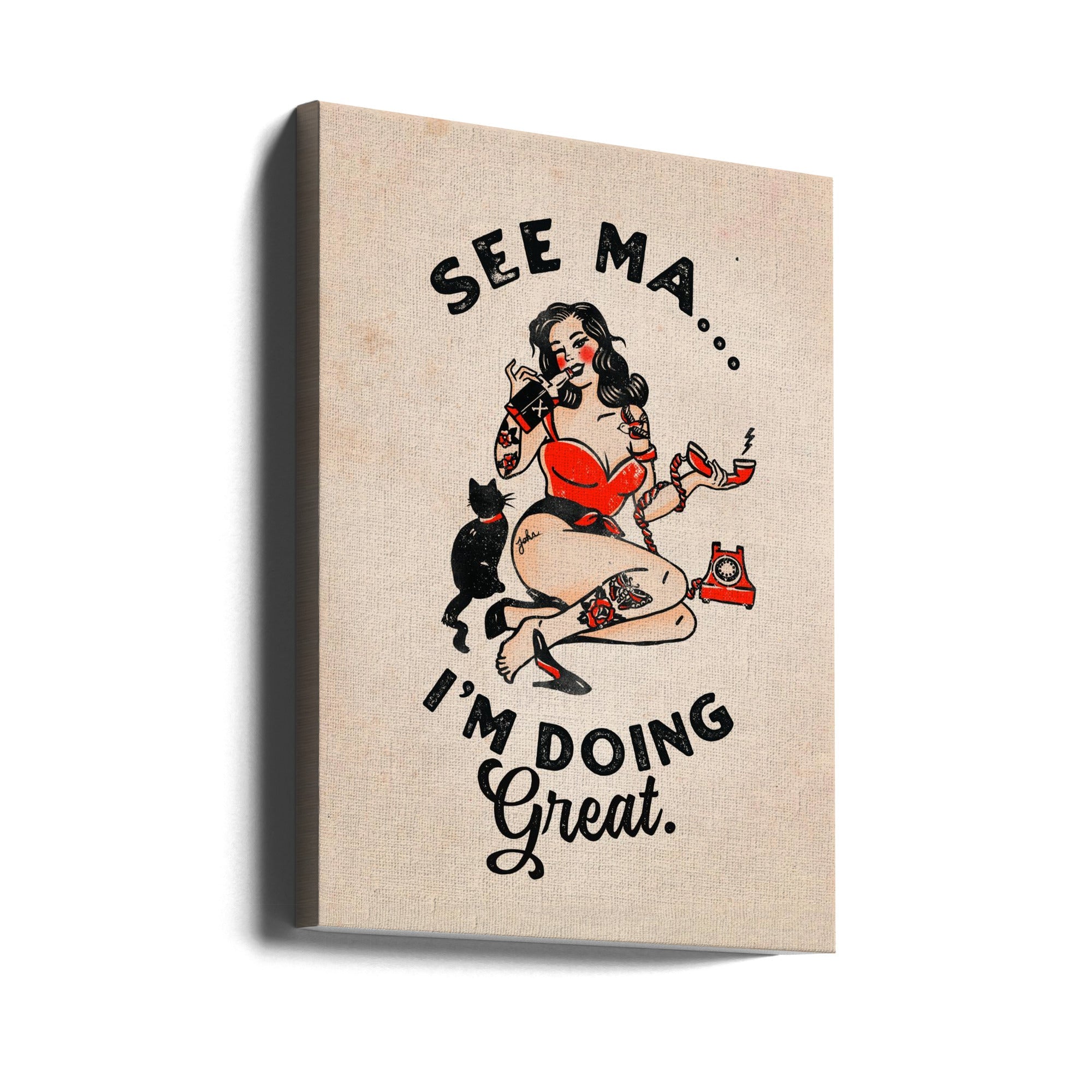 Wall art See Ma Poster Funny Vintage Pinup Girl & Cat 24X36inch In Black Floating Frame
