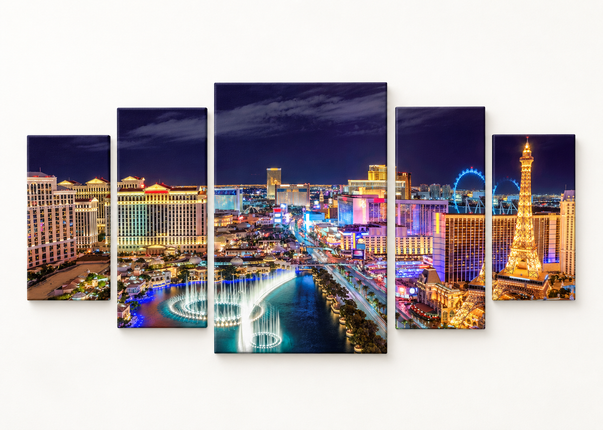 Las Vegas Strip at Night Compact 5 gallery-wrapped canvas set; illustrative front view, see size guide for dimensions