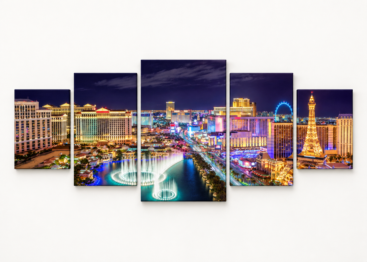 Las Vegas Strip at Night Statement 5 gallery-wrapped canvas set; illustrative front view, see size guide for dimensions