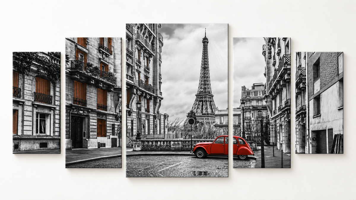 Paris Street with Red Citroën Compact 5 gallery-wrapped canvas set; illustrative front view, see size guide for dimensions