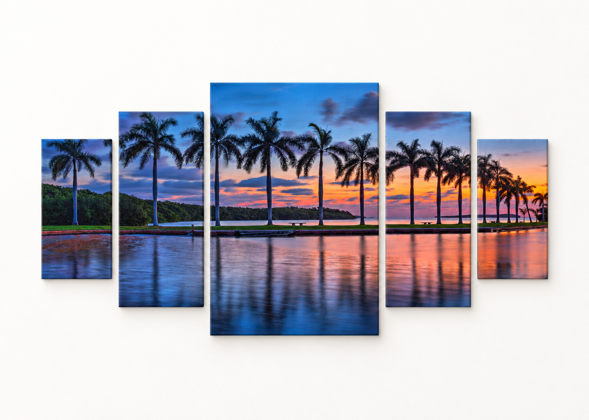 Waterfront Palms at Sunset Compact 5 gallery-wrapped canvas set; illustrative front view, see size guide for dimensions