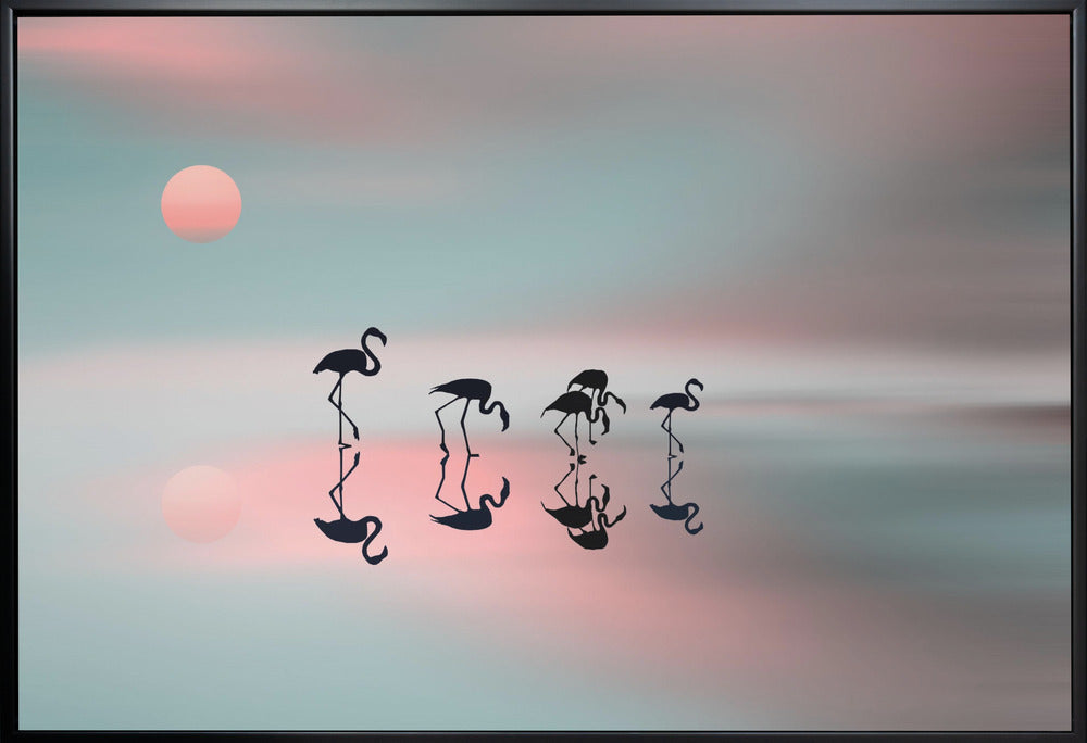 Family flamingos. Wall Artwork In White Floating Frame
