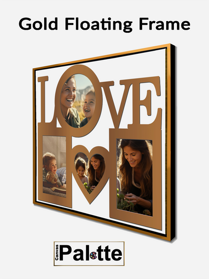 Canvas Palette example of a Gold floating side frame for canvas framing a portrait of mother and daughter in 4 photos.