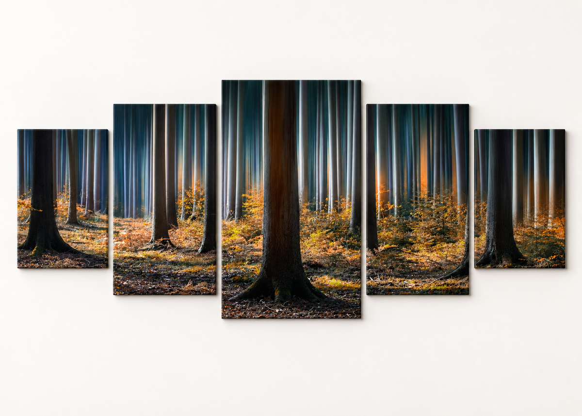 Golden Light in the Forest Statement 5 gallery-wrapped canvas set; illustrative front view, see size guide for dimensions
