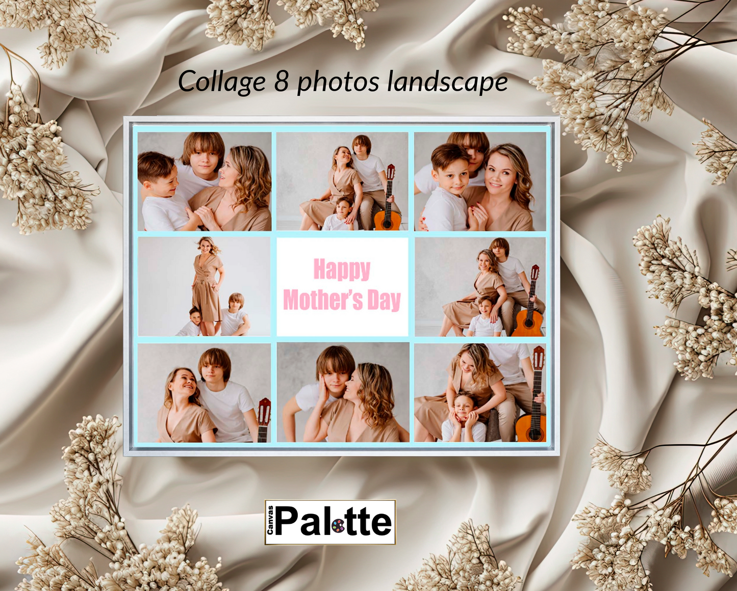 Personalised collage sample on canvas in Toronto Canada at CanvasPalette.com.  The photo shows a photo studio of a mother with her two sons. Frame brushed white.