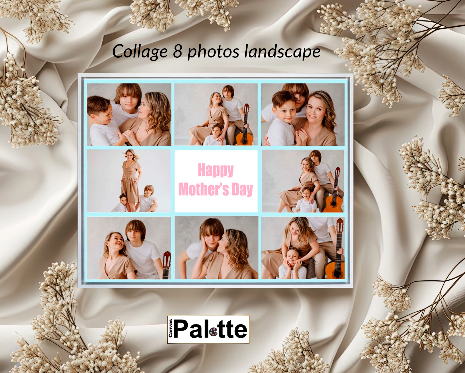 Personalised collage sample on canvas in Toronto Canada at CanvasPalette.com. The photo shows a photo studio of a mother with her two sons. Frame brushed white.