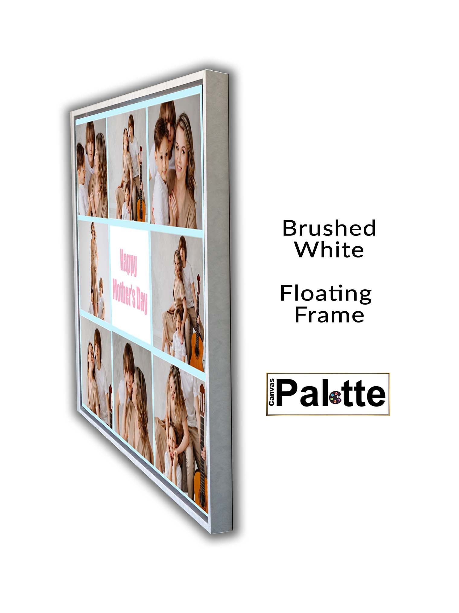 Canvas Palette example of a brushed white floating side frame for canvas framing a portrait of a collage mother and sons.