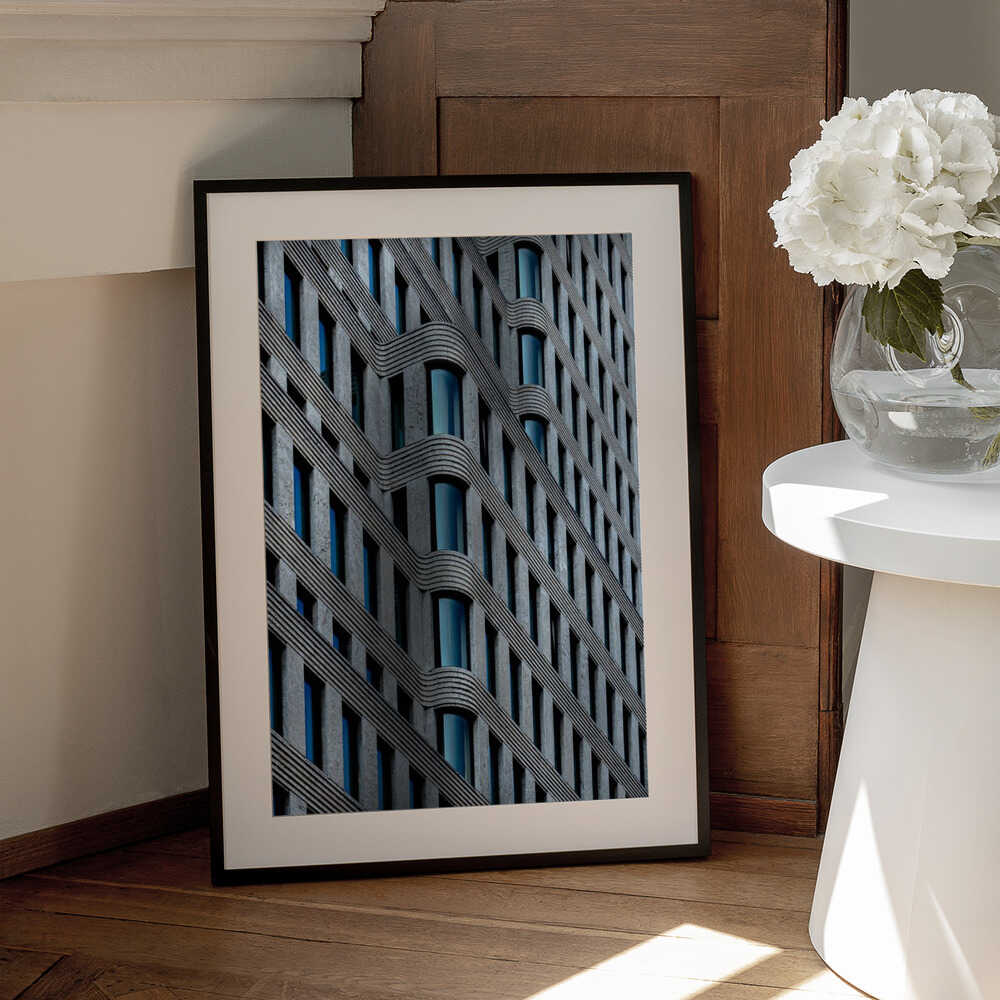 curvaceous facade – cityscape wall art, black frame view